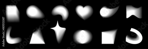 Abstract blurry white shapes with soft edges. Blurred circles, square, star, heart, triangle. Various translucent silhouette shapes with blur effect, modern set of vector graphic elements.