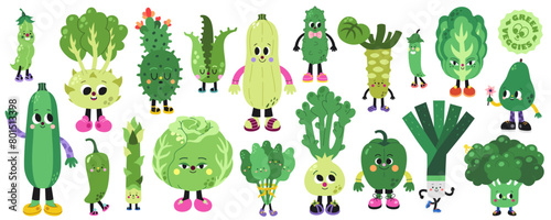 Cute cartoon green vegetables vector set on a white background.