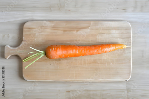 One carrot on a light wood cutting board. High quality photo