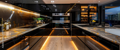 A sleek kitchen with glossy black cabinets and marble countertops, illuminated by recessed lighting. photo