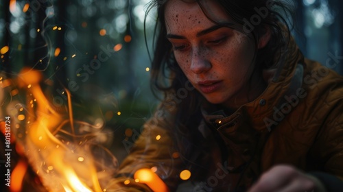 A fictional character, a woman, is having fun lighting an electric blue fire in the dark woods at night, creating warmth and light amidst the darkness AIG50 © Summit Art Creations