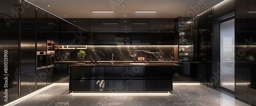 A sleek kitchen with glossy black cabinets and marble countertops, illuminated by recessed lighting.