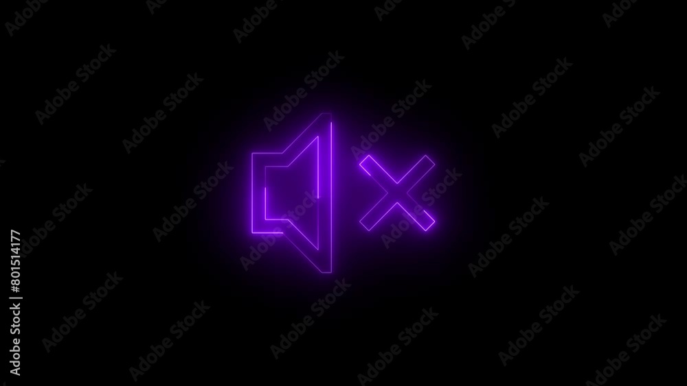 Neon glowing purple color mute speaker icon on black background animation Neon glowing purple color mute speaker icon on black background animation