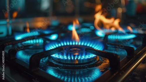 A close-up image capturing the intense blue flames emanating from a domestic kitchen stove top.