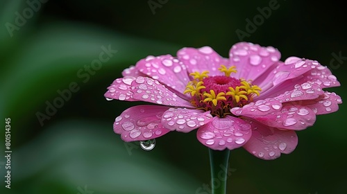   A pink flower with dewdrops on its petals and a green leaf in the backdrop