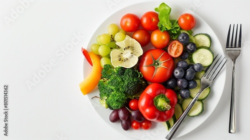 Healthy fruit and vegetable salad Clean food to lose weight Mixed vegetables and fruits on a plate.