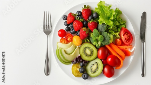 Healthy fruit and vegetable salad Clean food to lose weight Mixed vegetables and fruits on a plate.