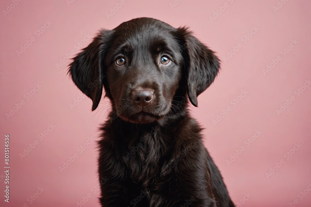Flat-Coated Retriever puppy looking at camera, copy space. Studio shot. Flat-Coated Retriever puppy looking at camera, copy space. Studio shot.