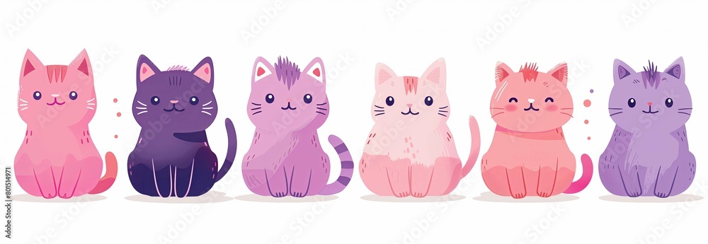 Obraz premium A row of pink cartoon cats isolated on a white background, with a simple flat illustration. The clip art set has a cute and simple design in a pink color palette without shadows