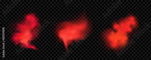 Spicy burst powder. Splashes of red pepper explosion. Overlay effect of chili or paprika spice splatters. Vector realistic illustration of hot, dried spices