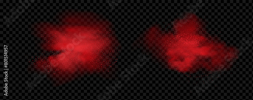 Spicy burst powder. Splashes of red pepper explosion. Overlay effect of chili or paprika spice splatters. Vector realistic illustration of hot, dried spices