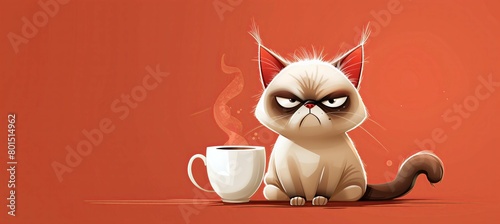Cute grumpy cat cartoon style with cup of coffee. Disgruntled cat holding a cup. All you need is coffee