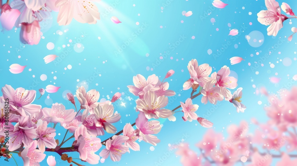 A serene nature background featuring a blossoming branch of pink sakura flowers, symbolizing renewal and beauty