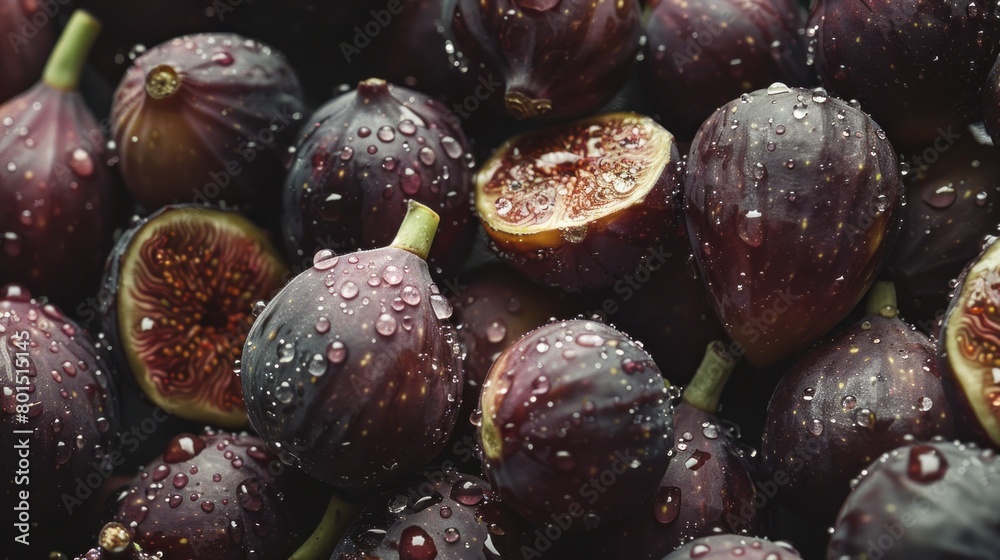 Fototapeta premium An overhead view of succulent figs, enhanced with visible water drops, showcasing their freshness and texture