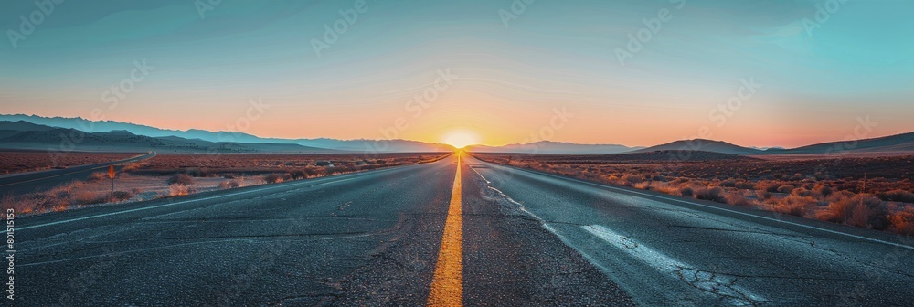 Capture the boundless optimism of a fresh start with a minimalist open road against a vibrant sunrise backdrop.