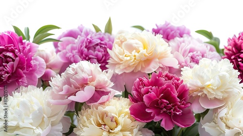 Vibrant Peony Bush: Colorful Blooms on White Background