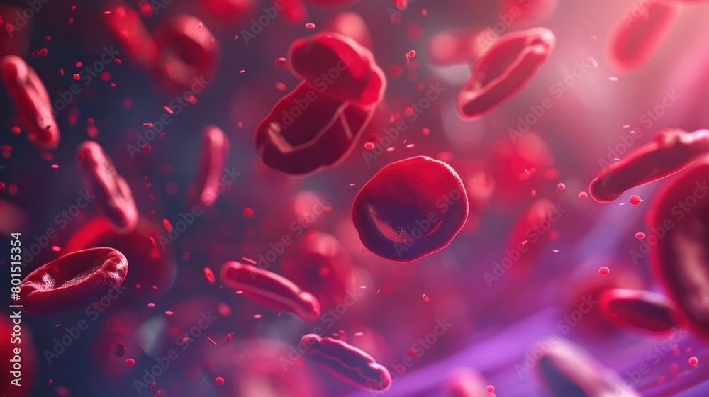 A detailed 3D illustration depicting red blood cells flowing through a vessel, highlighting their structure and movement A detailed 3D illustration depicting red blood cells flowing through a vessel, highlighting their structure and movement