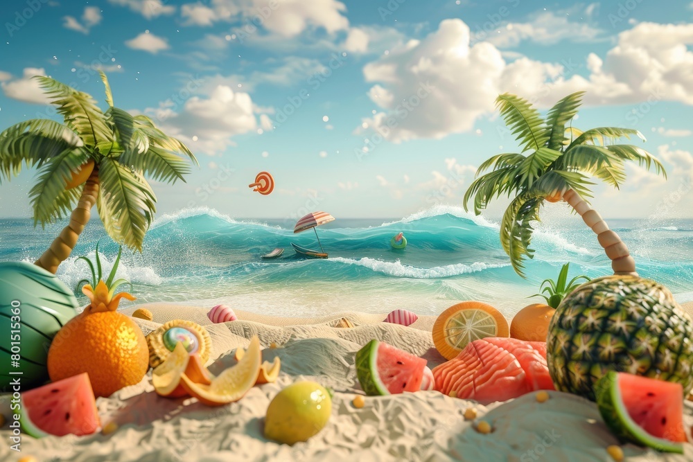 Obraz premium summer 3d background Travel and Vacation Poster Design with Beach Elements