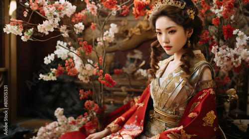 A woman in opulent Asian dress sits among cherry blossoms. Generate AI