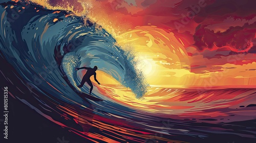 Experience the exhilarating rush of a surfer riding a massive wave at dawn, captured in a dynamic vector artwork for adventure seekers.