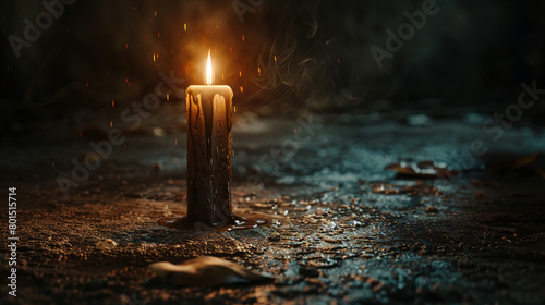A single, elegant candle burning brightly in an otherwise dark room, casting a warm, inviting glow. photo