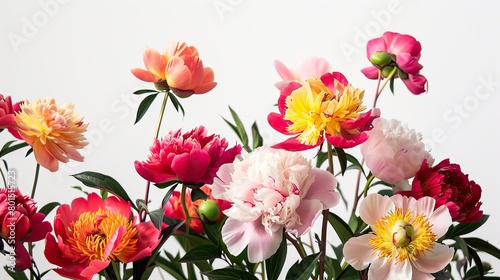 Vibrant Peony Bush  Colorful Blooms on White Background