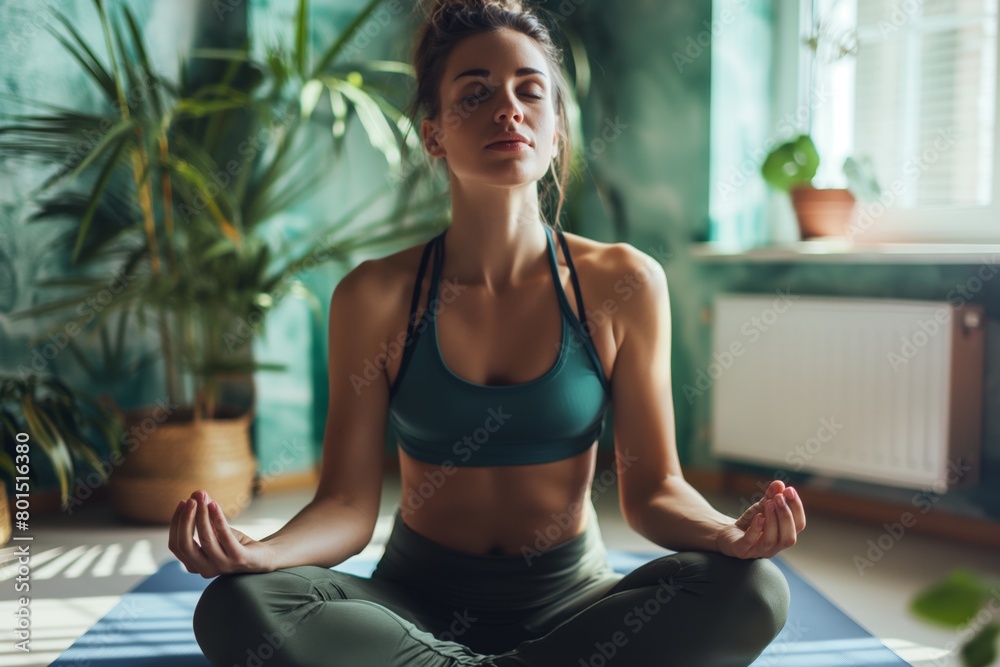 Woman meditating in peaceful home environment Woman meditating in peaceful home environment