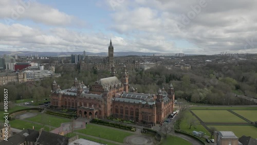 Scotland Glasgow Skyline with famous Glasgow landmarks, The OVO Hydro, SEC Armadillo and Finnieston Crane. Wide Aerial Backward. drone flying in the air photo