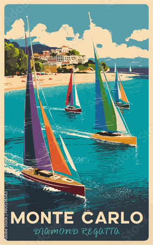 Travel retro poster of a sailboat race in the ocean with the words Mont Carlo and Diamond Regatta. Vintage style colorful vector illustration.