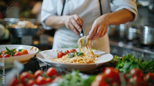 A chef is cooking a dish of spaghetti with tomatoes using natural ingredients in a kitchen. The plate will be served on tableware for sharing the delicious cuisine AIG50