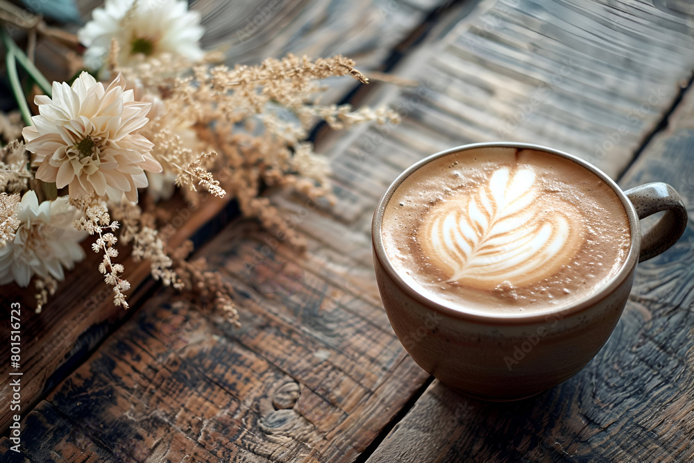 Rustic Coffee Artistry: Latte with a Beautiful Foam Design Served in a Brown Ceramic Cup, Accompanied by Dry Flowers on a Wooden Table, Perfect for Coffee Lovers’ Magazines Rustic Coffee Artistry: Latte with a Beautiful Foam Design Served in a Brown Ceramic Cup, Accompanied by Dry Flowers on a Wooden Table, Perfect for Coffee Lovers’ Magazines