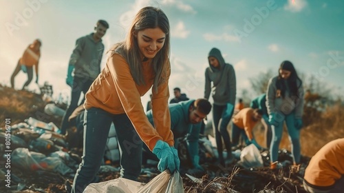 Enthusiastic Young Volunteers Engaged in Community Clean-Up, Emphasizing Teamwork and Environmental Care
