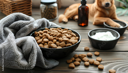 Composition with bowl of wet food and pet care accessories on wooden background photo