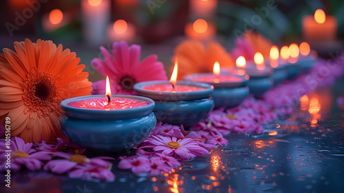 Tranquil Spa Setting  Vibrant Orange Flowers and Candles Reflect in Water  Creating a Peaceful Ambiance  Perfect for Wellness and Lifestyle Articles.
