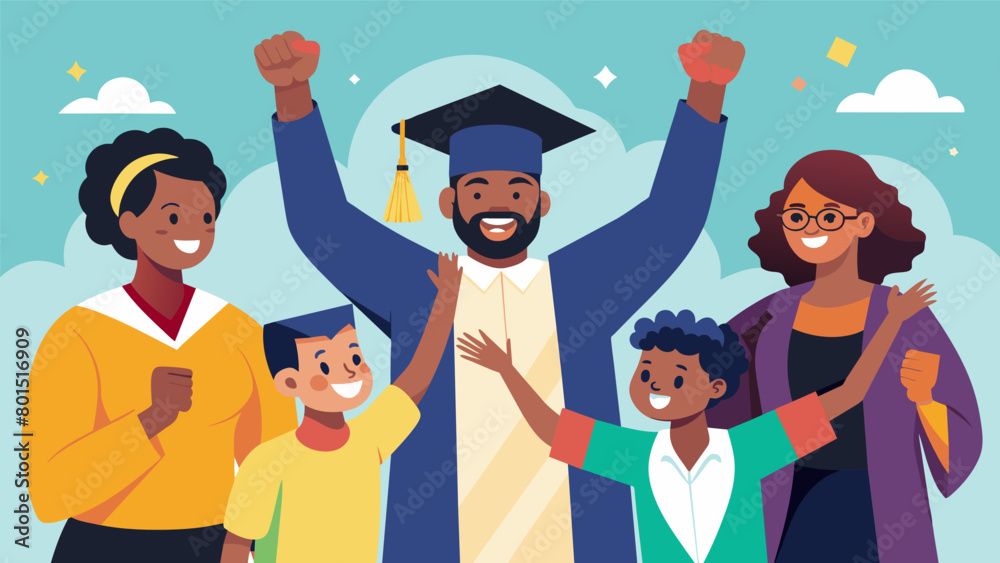 A group of proud parents and family members cheer on their young graduate the recipient of a scholarship from the Juneteenth Scholarship Fundraiser. Vector illustration A group of proud parents and family members cheer on their young graduate the recipient of a scholarship from the Juneteenth Scholarship Fundraiser. Vector illustration