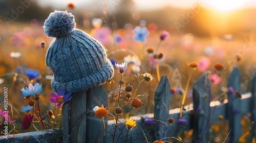 A cozy beanie perched atop a rustic wooden fence, surrounded by a field of vibrant wildflowers. The soft morning light caresses its woolen texture, inviting you to embrace the warmth it promises. photo