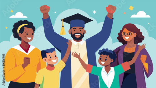 A group of proud parents and family members cheer on their young graduate the recipient of a scholarship from the Juneteenth Scholarship Fundraiser. Vector illustration