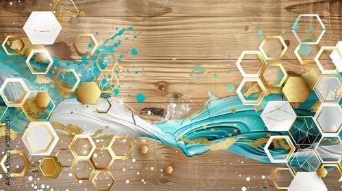 Turquoise abstract patterns highlight this oil on canvas mural with golden hexagons and white lattice.