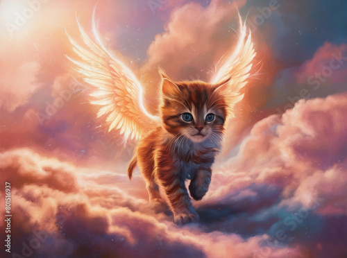 Cute kitten angel in animal heaven. Oil painting on canvas with texture and brush strokes. Grief card. Ideal of crematories, pet shops, parents and friends. Painting watercolor. Pet paradise Afterlife photo