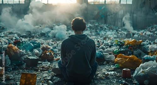 Man immersed in online gaming among piles of trash observed from the back. Concept Online Gaming Addiction, Environmental Neglect, Digital Detox, Excessive Screen Time, Impact of Technology photo