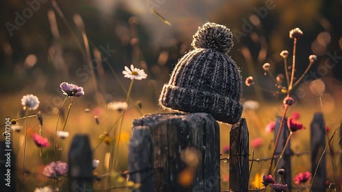 A cozy beanie perched atop a rustic wooden fence, surrounded by a field of vibrant wildflowers. The soft morning light caresses its woolen texture, inviting you to embrace the warmth it promises.  photo
