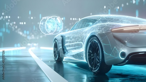 Futuristic smart car with IoT mobile app for autonomous selfcontrol and safety. Concept Smart Car Technology, IoT Integration, Autonomous Driving, Vehicle Safety, Futuristic Design photo