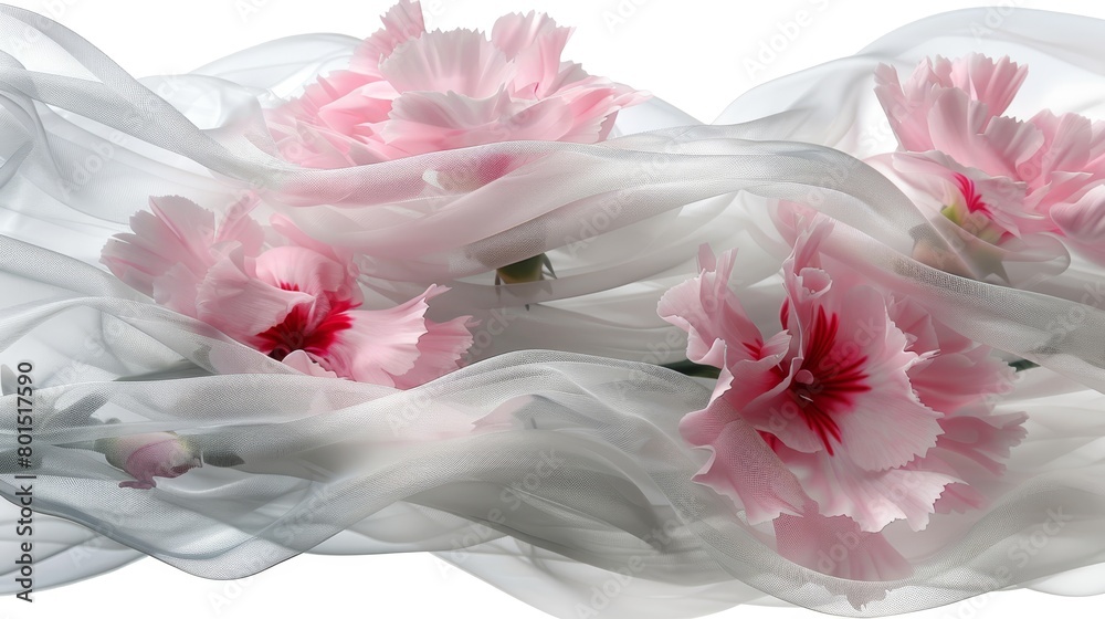   A cluster of pink blooms atop a white sheared fabric bed against a pristine white backdrop