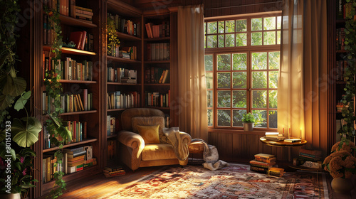 A cozy reading nook nestled in a corner, with floor-to-ceiling bookshelves and a plush armchair.