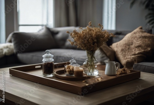 glass adorned gray tray table tray color wooden filled placed brown jar living coffee room there a dried featuring flowers The sofa scheme