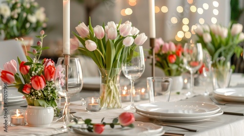 A festive dinner table elegantly set with dishes and cutlery  beautifully decorated with tulips and greenery