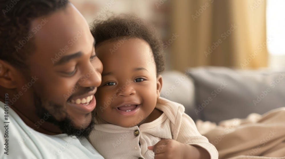 A man stands holding a baby in his arms, both looking towards the camera. A man stands holding a baby in his arms, both looking towards the camera.