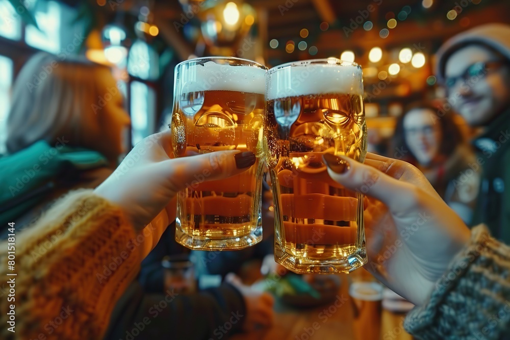 Friends Clinking Glasses of Assorted Beers in a Cozy Pub, Embodying the Spirit of Togetherness and Celebration Friends Clinking Glasses of Assorted Beers in a Cozy Pub, Embodying the Spirit of Togetherness and Celebration