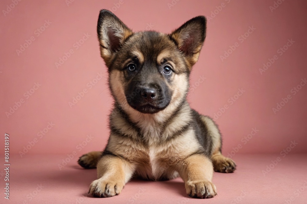 Norwegian Buhund puppy looking at camera, copy space. Studio shot. Norwegian Buhund puppy looking at camera, copy space. Studio shot.
