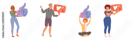People Characters Holding Thumb Up and Like Sign as Notification of Approval Vector Illustration Set